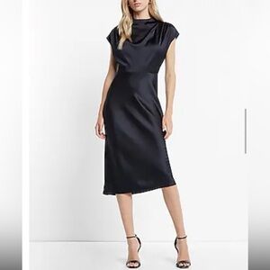 Express Satin Draped Cowl Neck Midi Sheath Dress